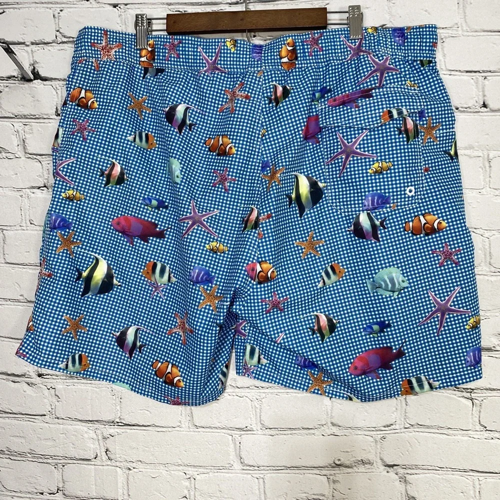 Bills Khakis Fish‎ AOP Swim Trunks Mens Size 2XL Mesh Lined Blue Gingham 6.5